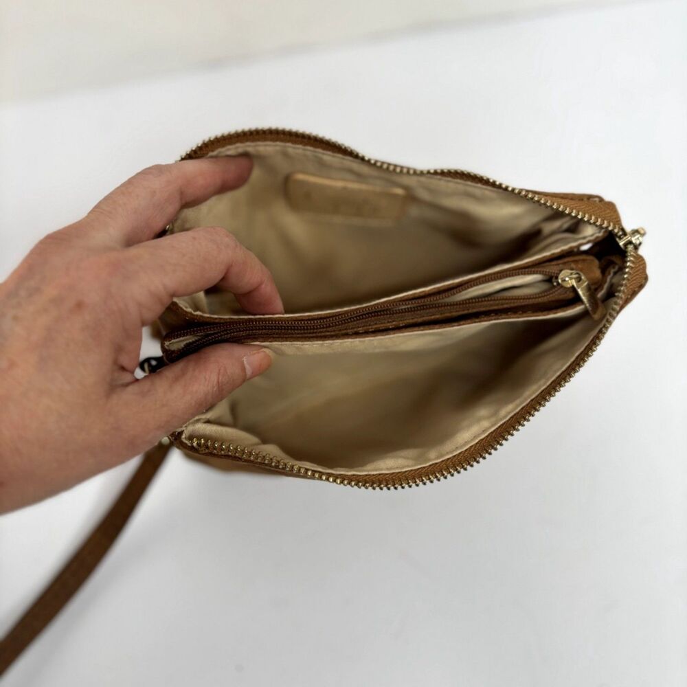 Caroline Hill Wristlet Clutch Brown Suede-Like Gold Zipper Removable Strap - Picture 6 of 9